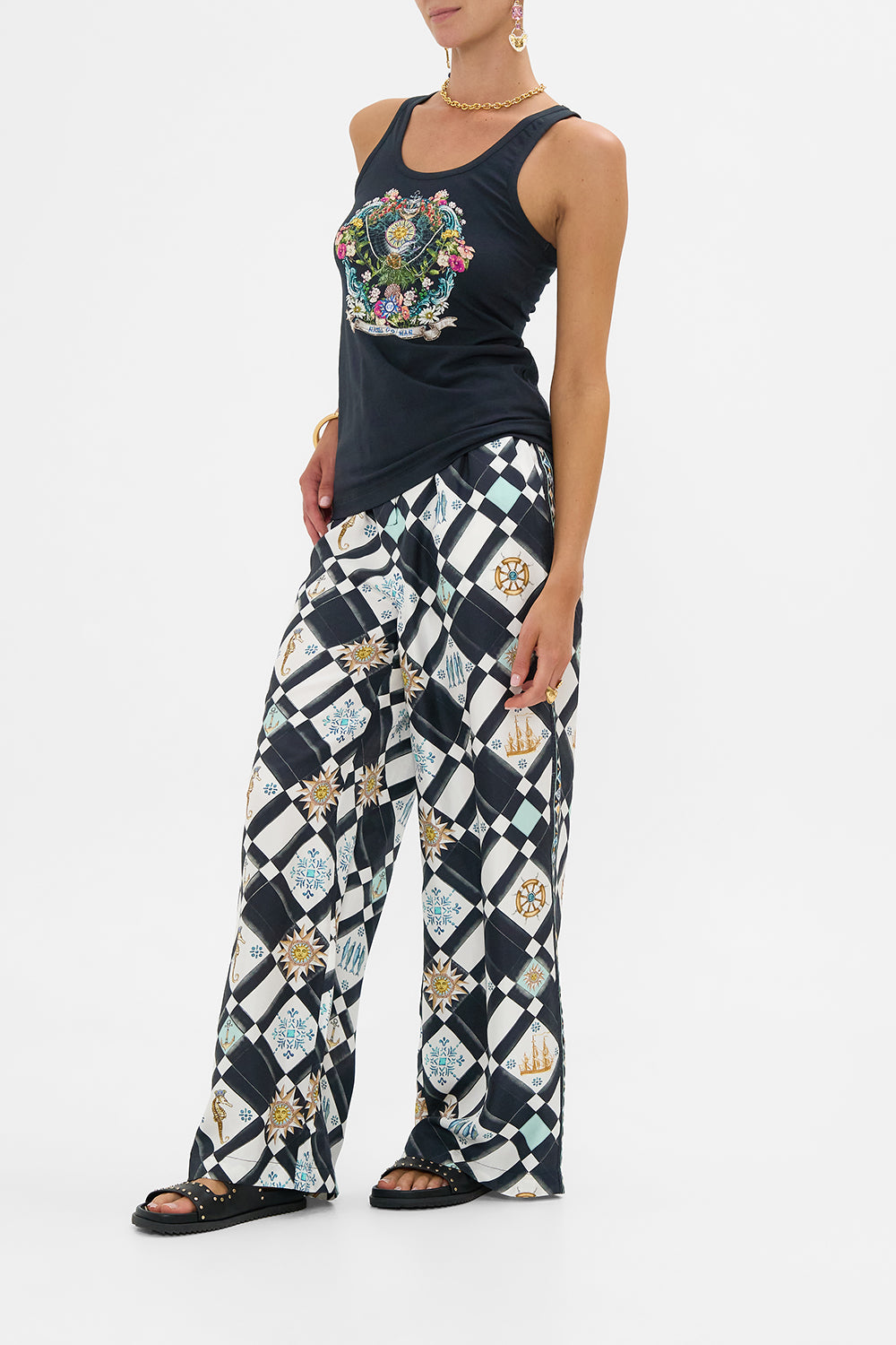 The CAMILLA Jersey Scoop Neck Tank Top in our Folk Afloat print.