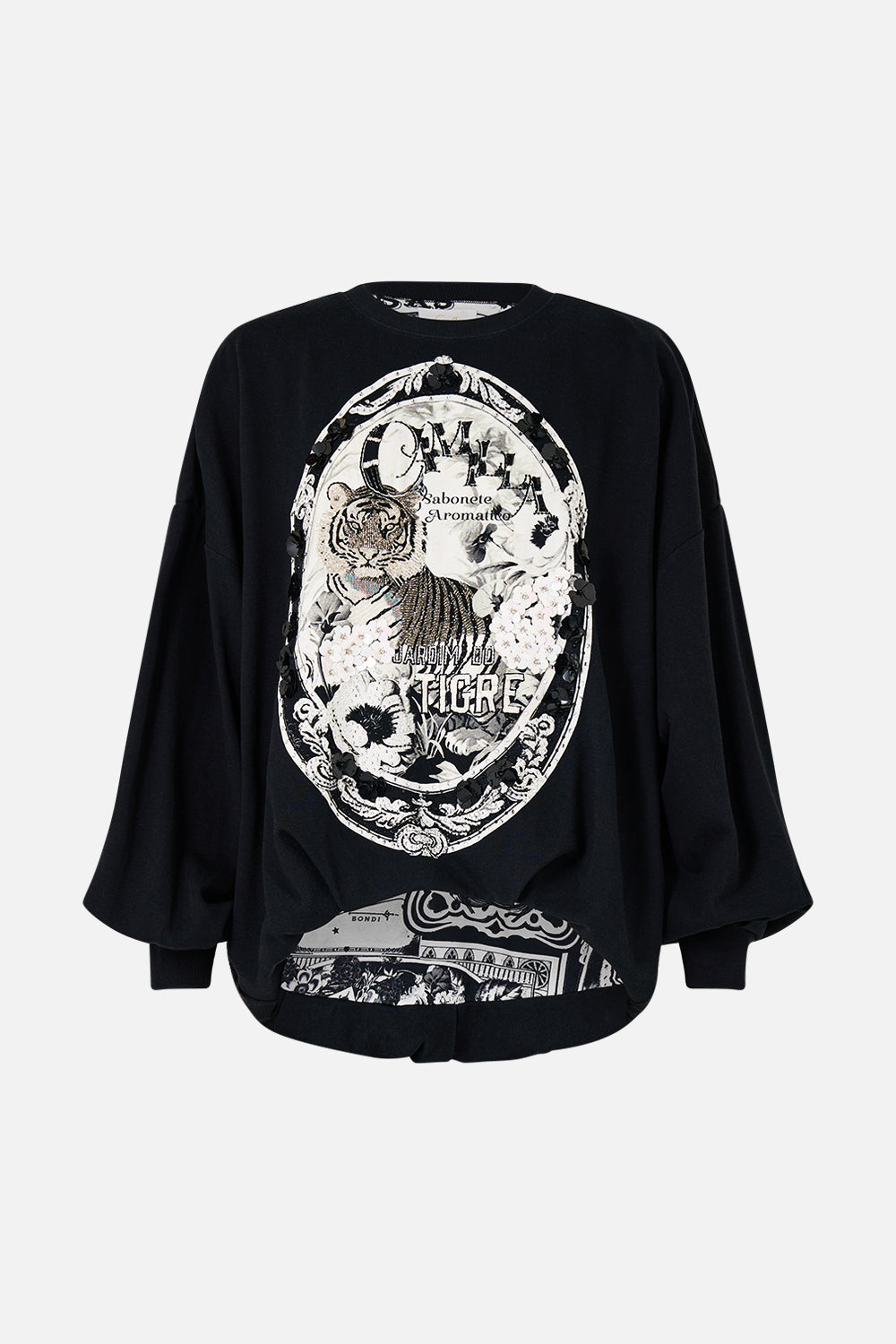 The CAMILLA Tuck Detail Sweater - Black in our Perfumed In Porto print.