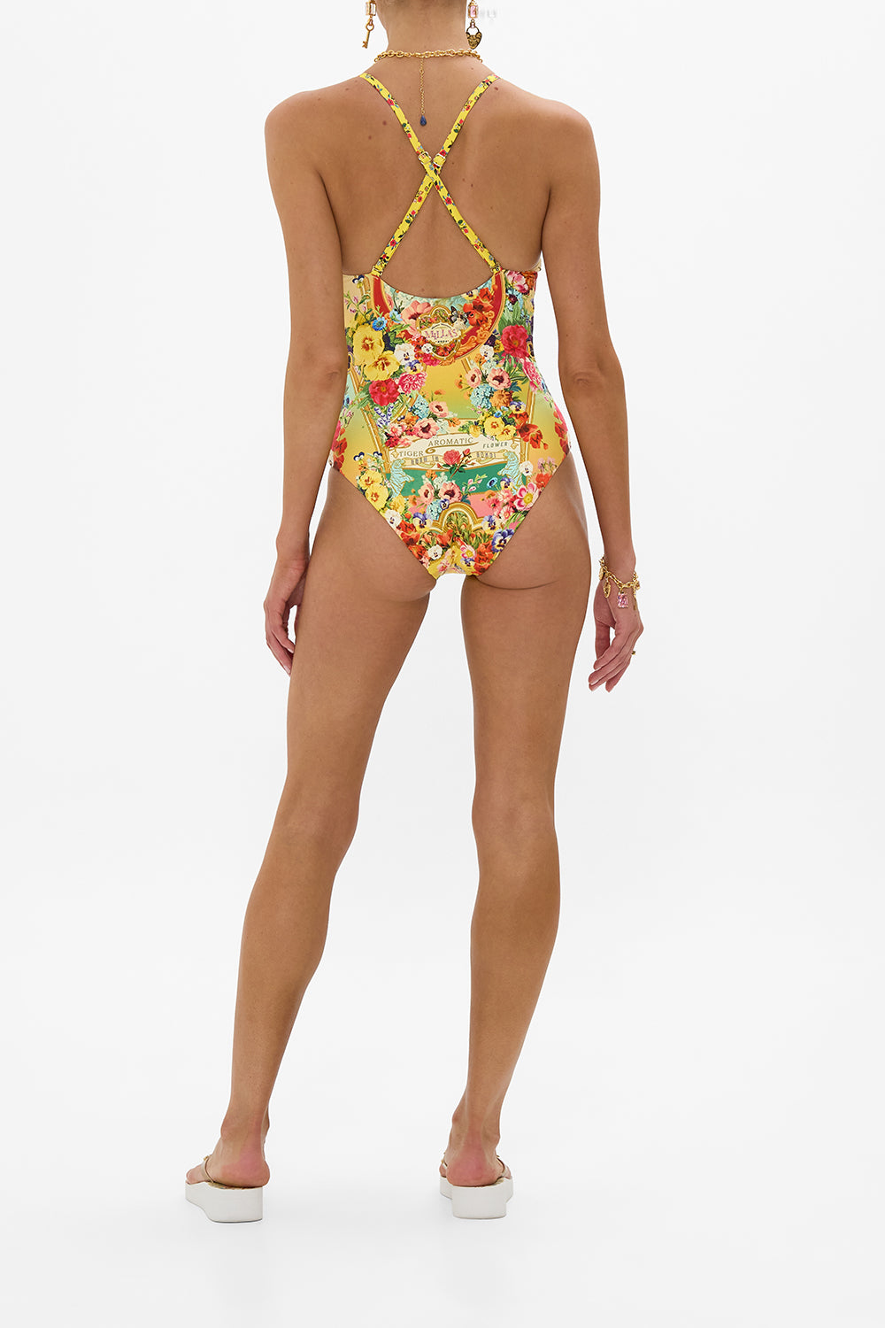 The CAMILLA Scoop Neck One Piece With Button Straps in our Aromatic Tiger Flower print.
