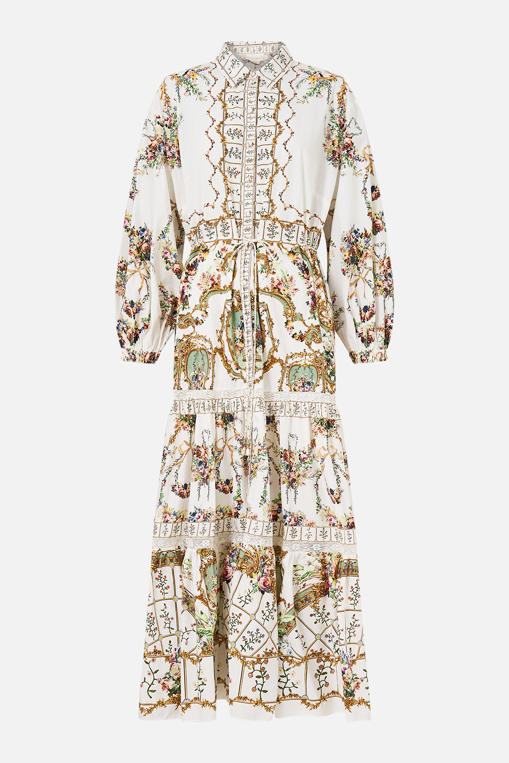 The CAMILLA Tiered Long Shirt Dress in our Dressing Room Drama print.