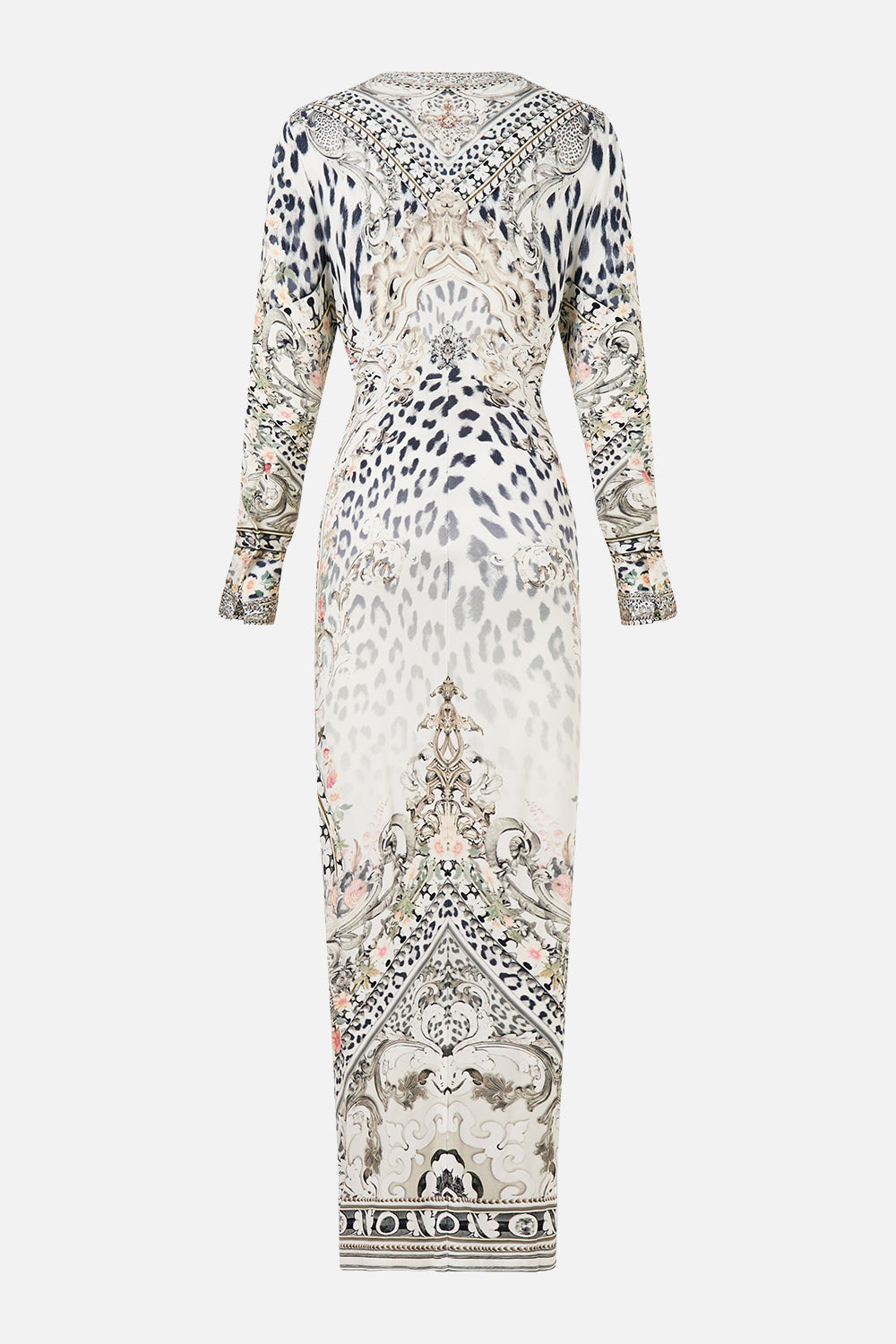 The CAMILLA Long V Neck Twist Front Jersey Dress in our Marble Heaven print.