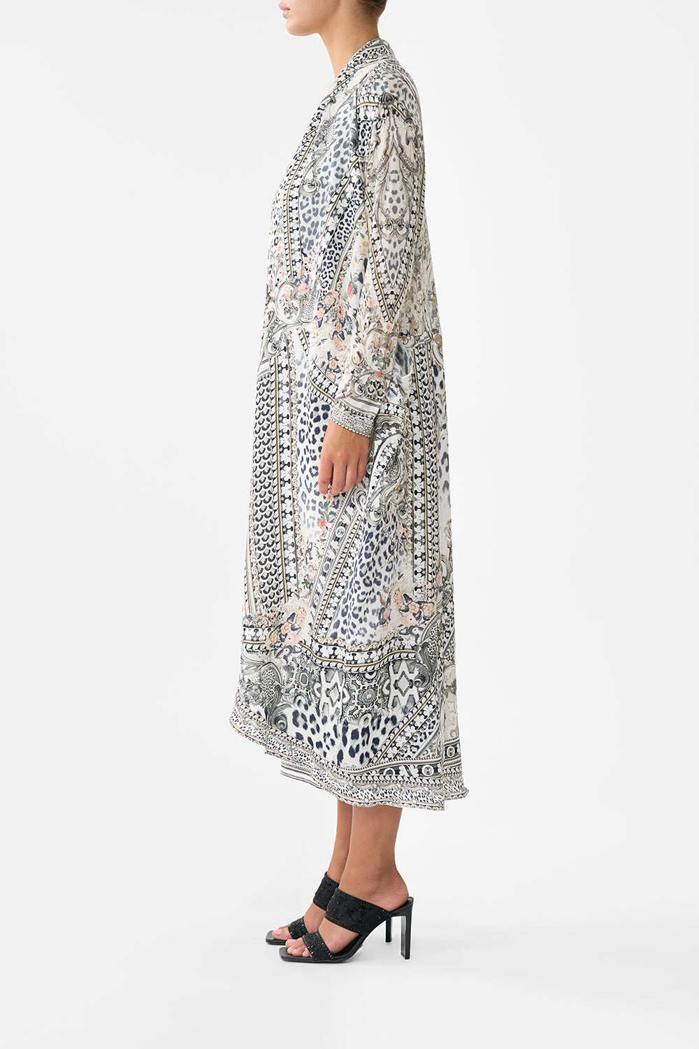 The CAMILLA Long Casual Jacket With Pockets in our Marble Heaven print.