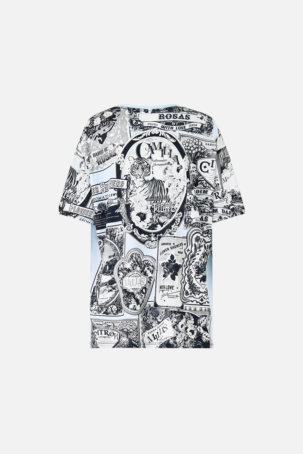 The CAMILLA Oversized Band Tee - Blue/Blk in our Perfumed In Porto print.