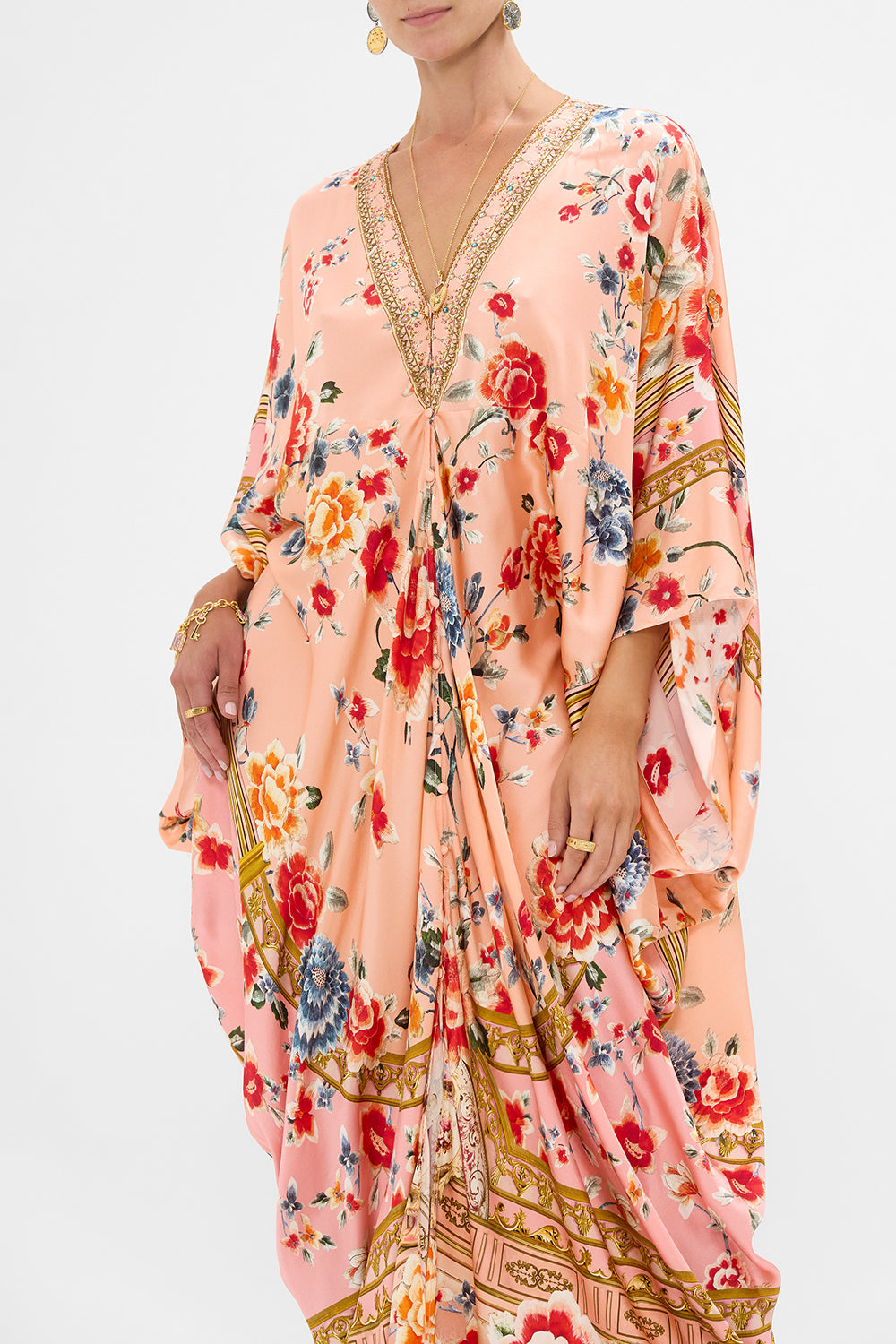 The CAMILLA Button Front T-Shape Kaftan in our Majestic Milla print.