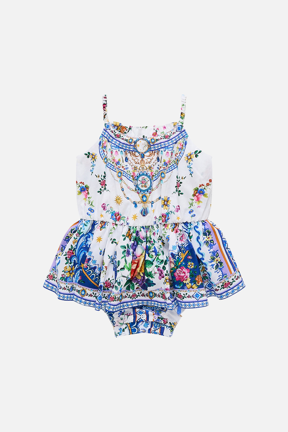 The CAMILLA Babies Jump Dress With Frill Neck in our Tiles Darls print.