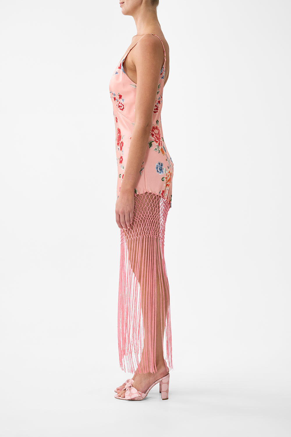 The CAMILLA V Neck Bias Slip Dress With Fringing in our Majestic Milla print.