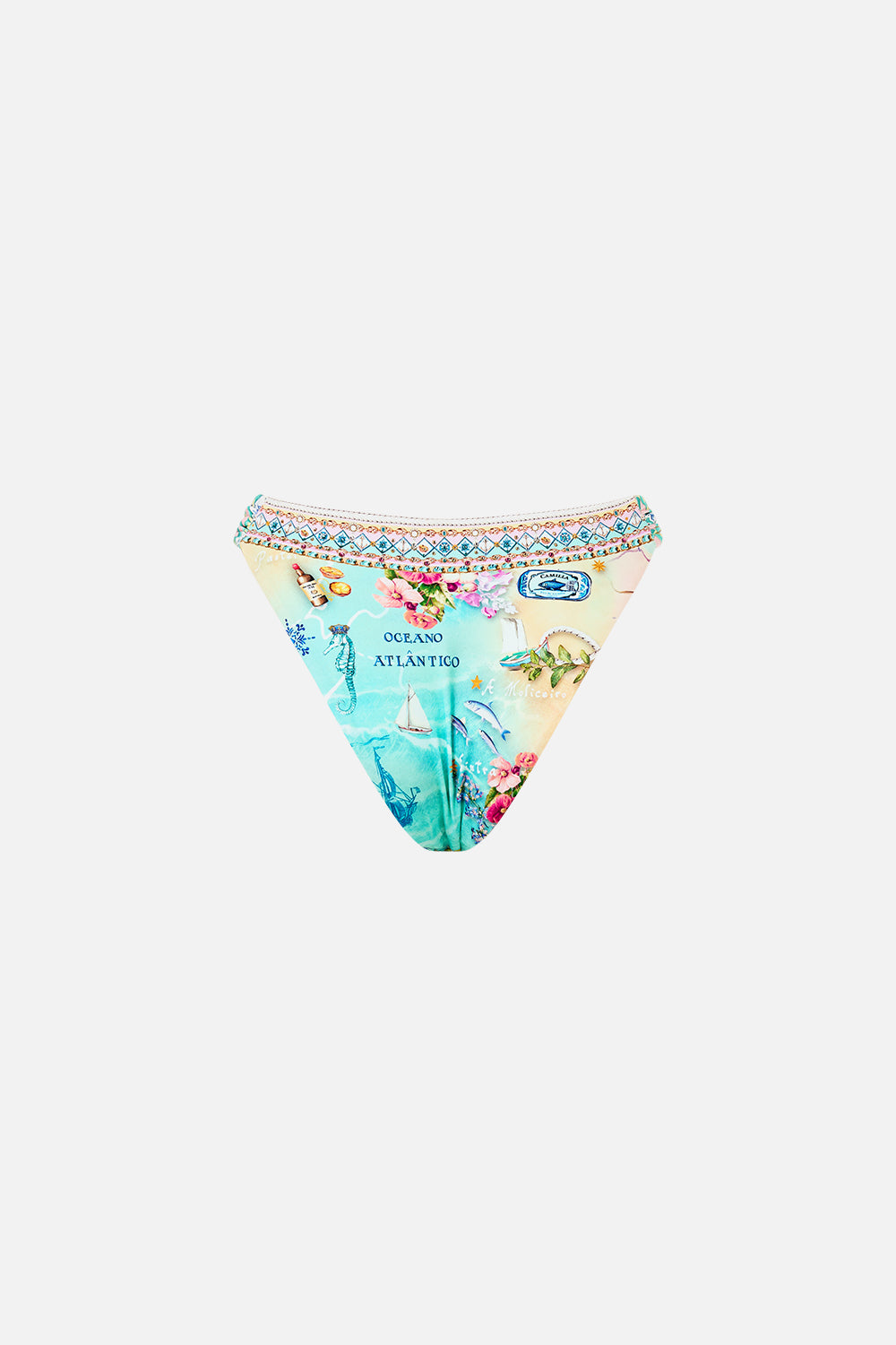 The CAMILLA Regular Bikini Bottom With Ruched Knot Sides in our Just Coasting print.