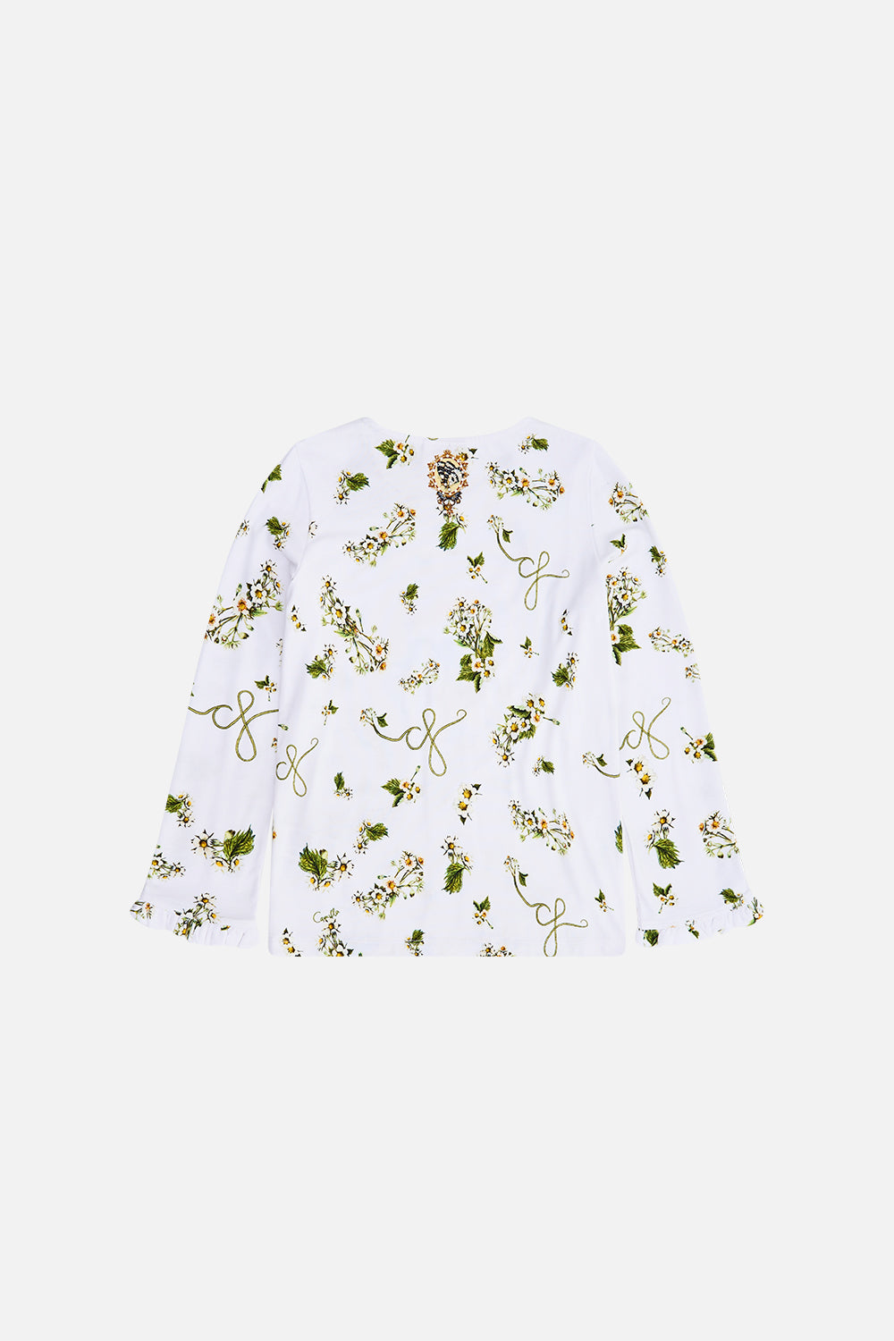 The CAMILLA Kids Long Sleeve Tee With Frill Cuff 4-10 in our Daisy Chains print.