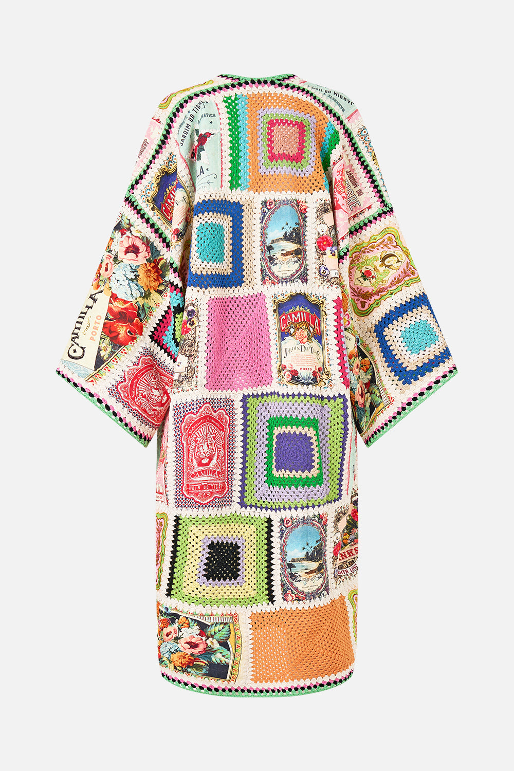 The CAMILLA Crochet Patched Kimono Coat in our Soap Opera print.