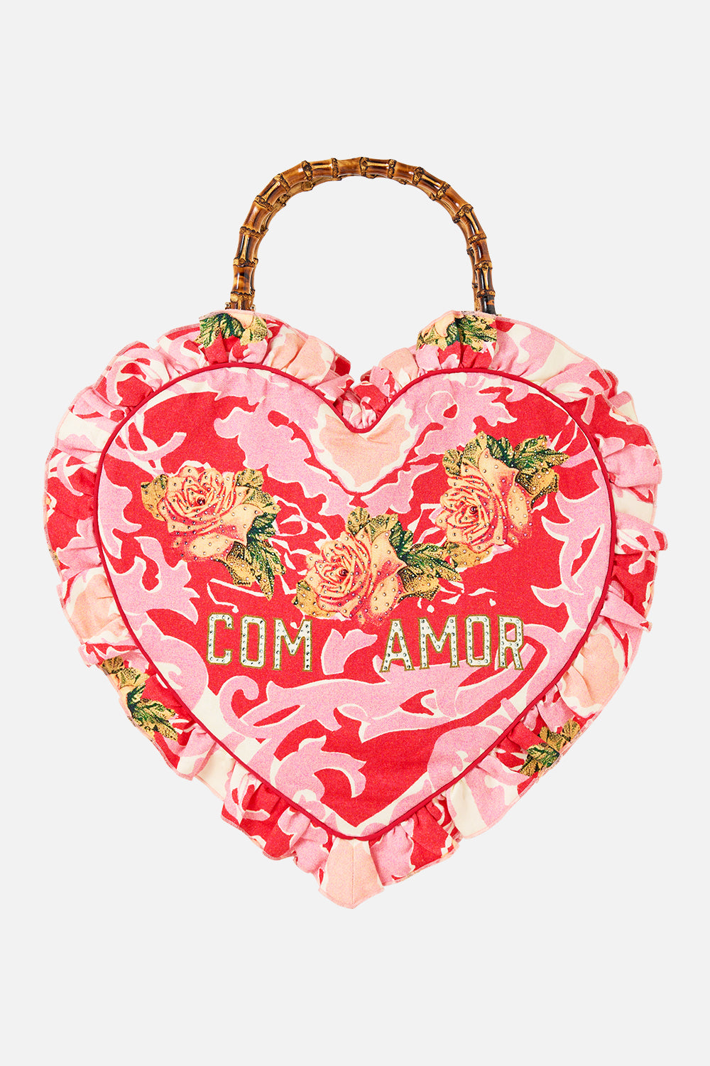 The CAMILLA Oversized Heart Frill Edge Tote in our Pink Porto print.