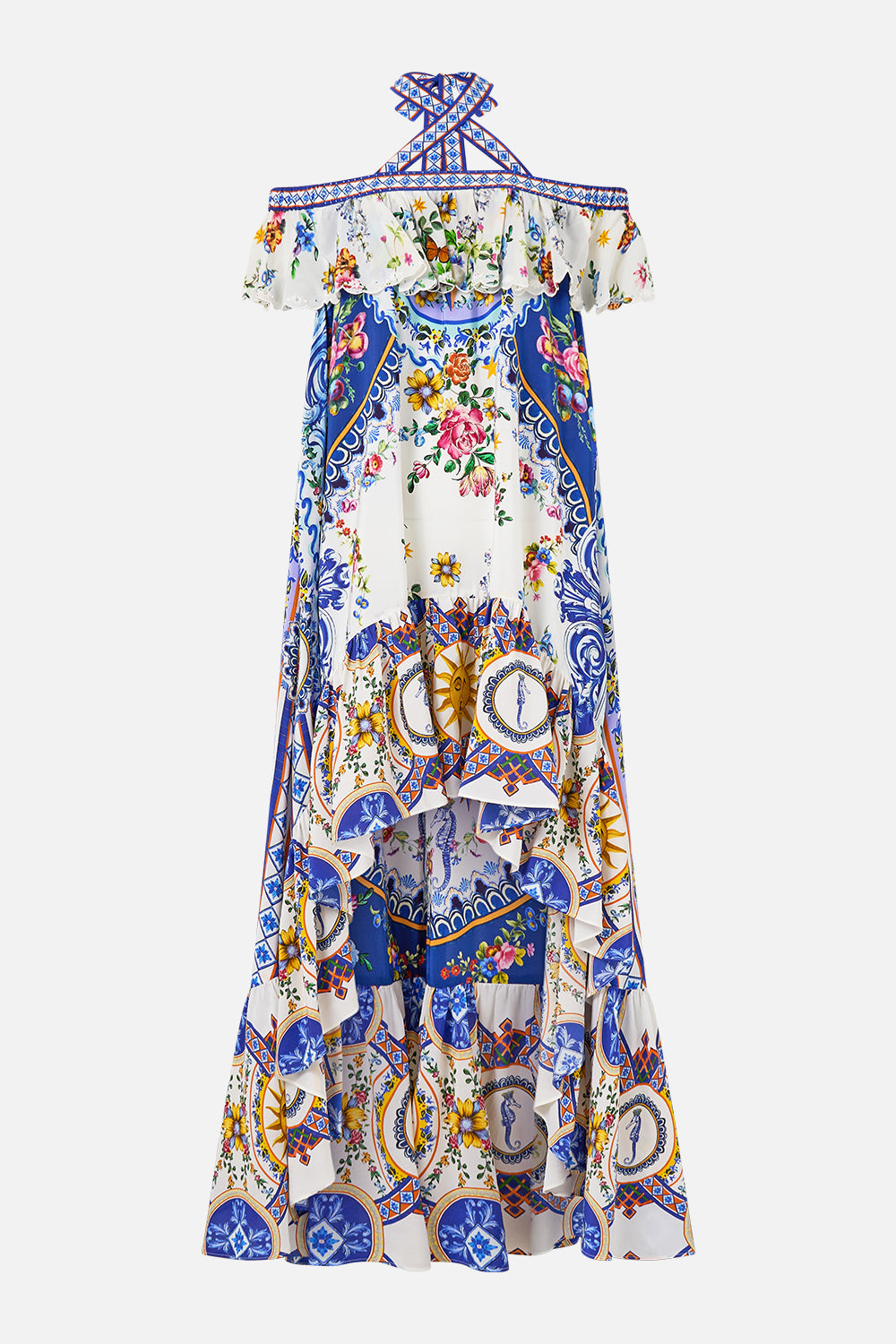 The CAMILLA Off Shoulder Shaped Hem Dress in our Tiles Darls print.