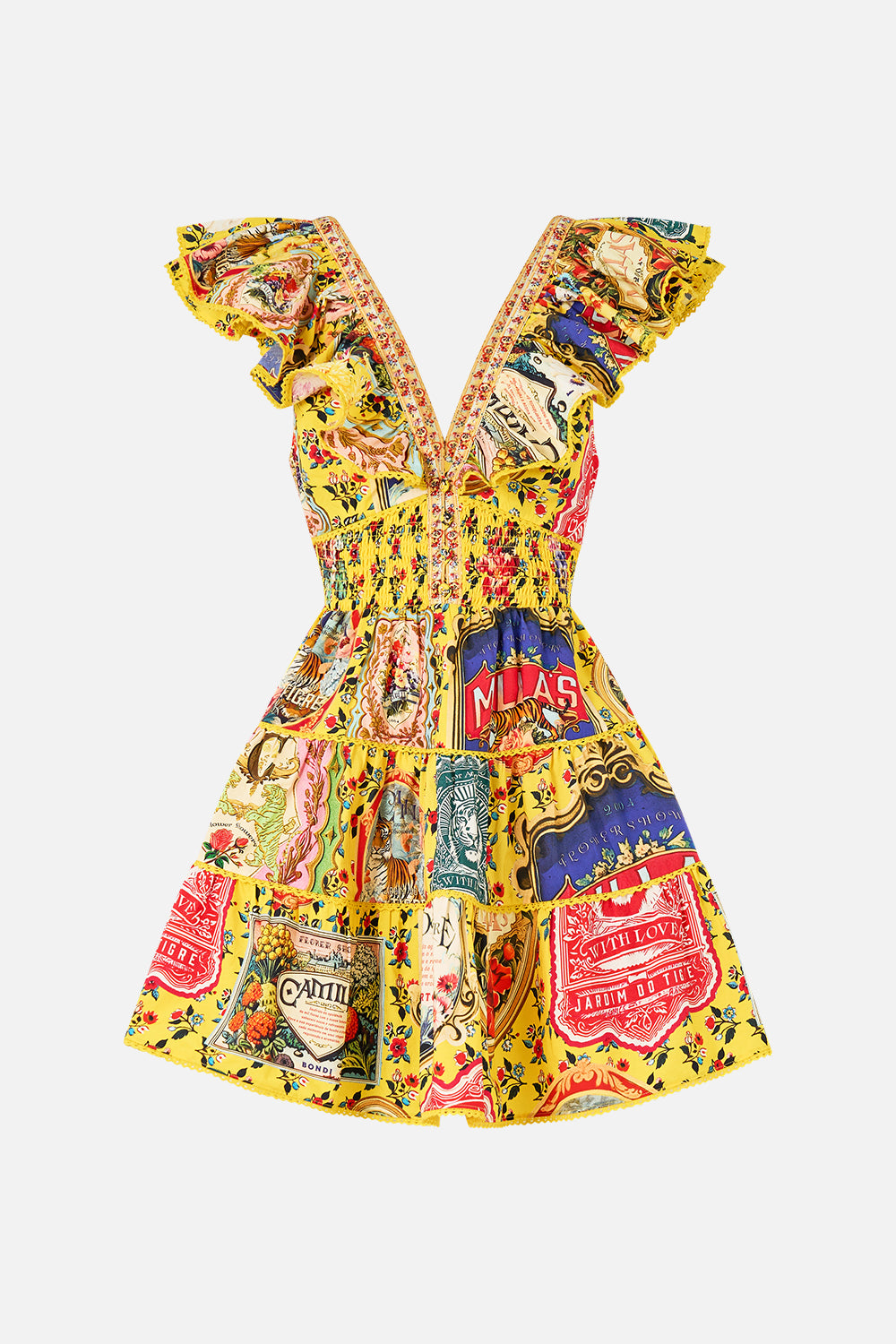 The CAMILLA Tiered Short Dress With Neck Frill in our Soap Opera print.