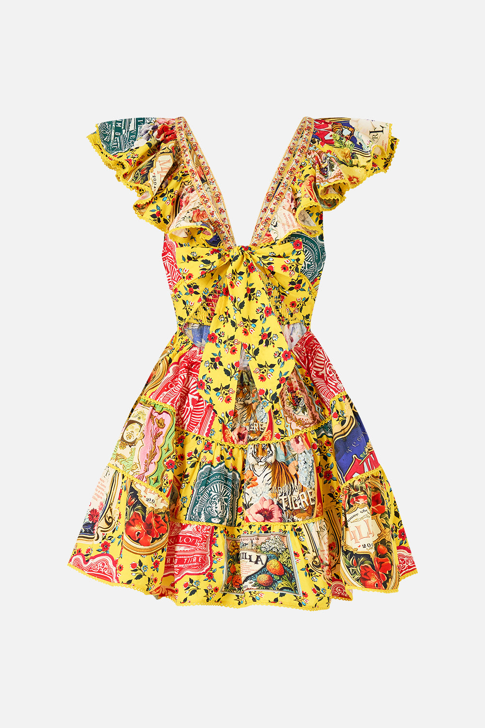 The CAMILLA Tiered Short Dress With Neck Frill in our Soap Opera print.