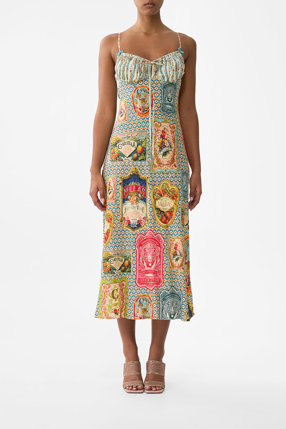 The CAMILLA Gathered Bodice Bias Dress in our Soap Opera print.