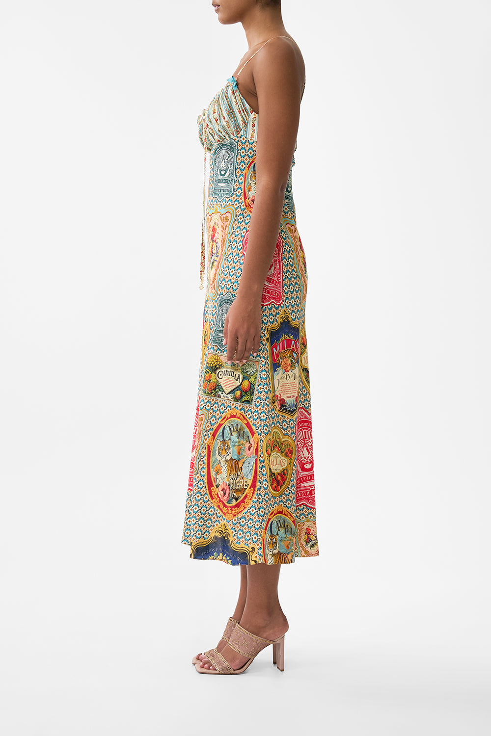 The CAMILLA Gathered Bodice Bias Dress in our Soap Opera print.