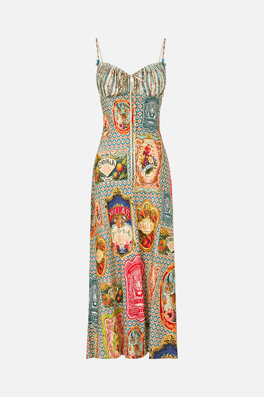 The CAMILLA Gathered Bodice Bias Dress in our Soap Opera print.