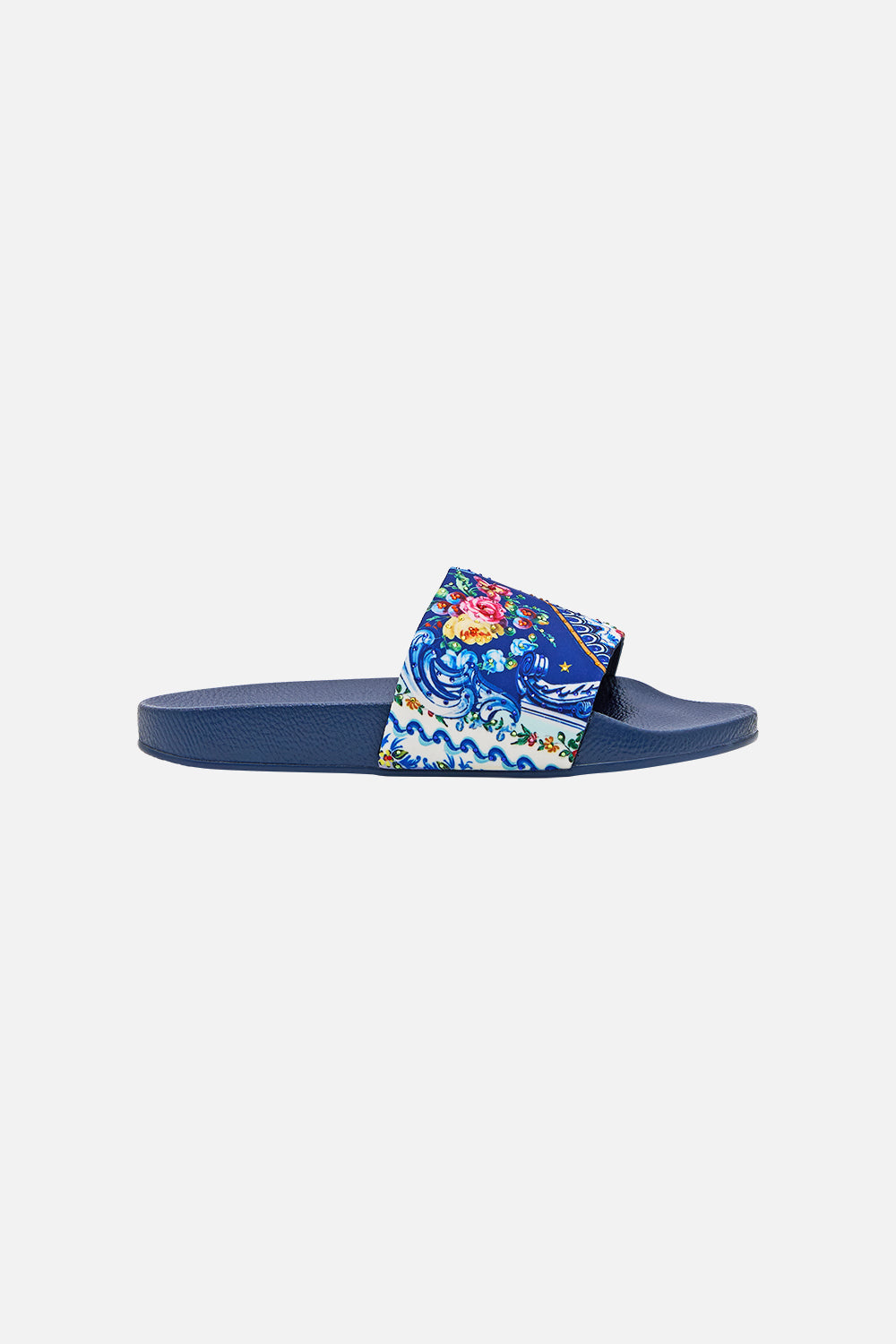 The CAMILLA Amelia Pool Slides in our Tiles Darls print.