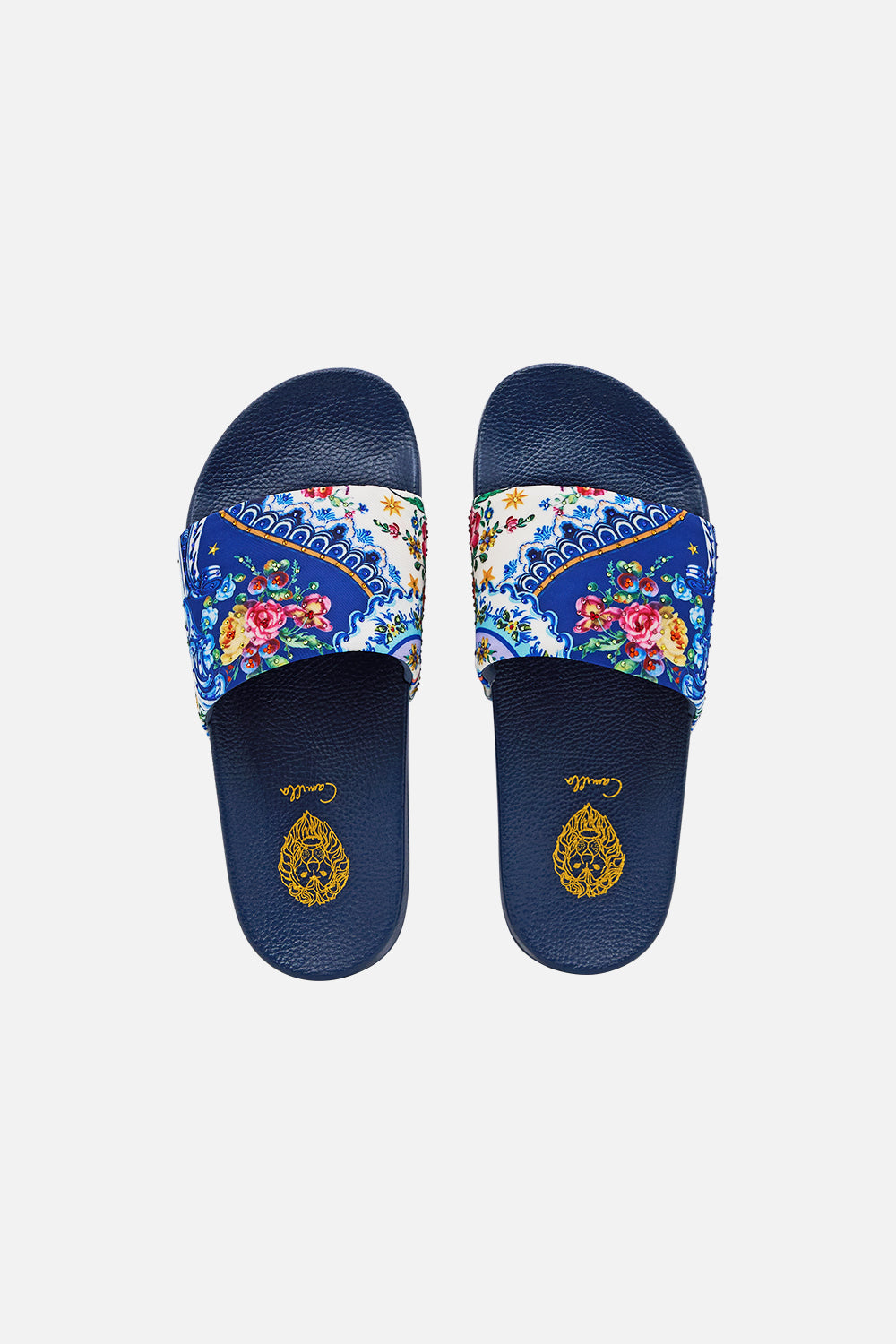 The CAMILLA Amelia Pool Slides in our Tiles Darls print.