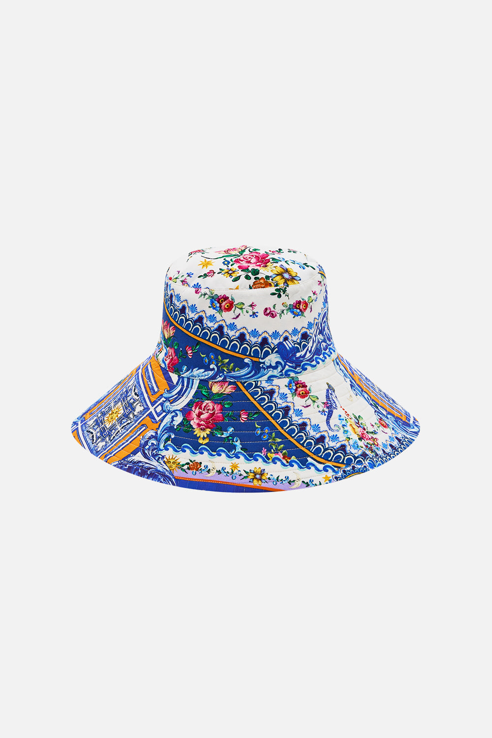The CAMILLA Wide Brim Bucket Hat in our Tiles Darls print.