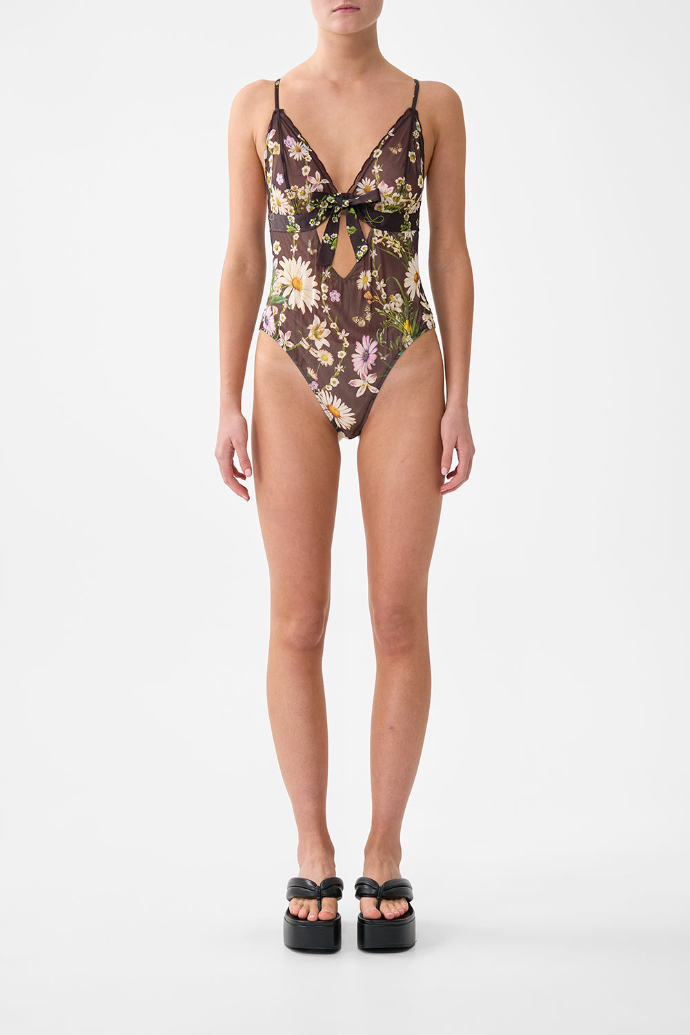 The CAMILLA Scalloped Edge Tri Bodysuit With Bow Front in our Dish It, Daisy print.