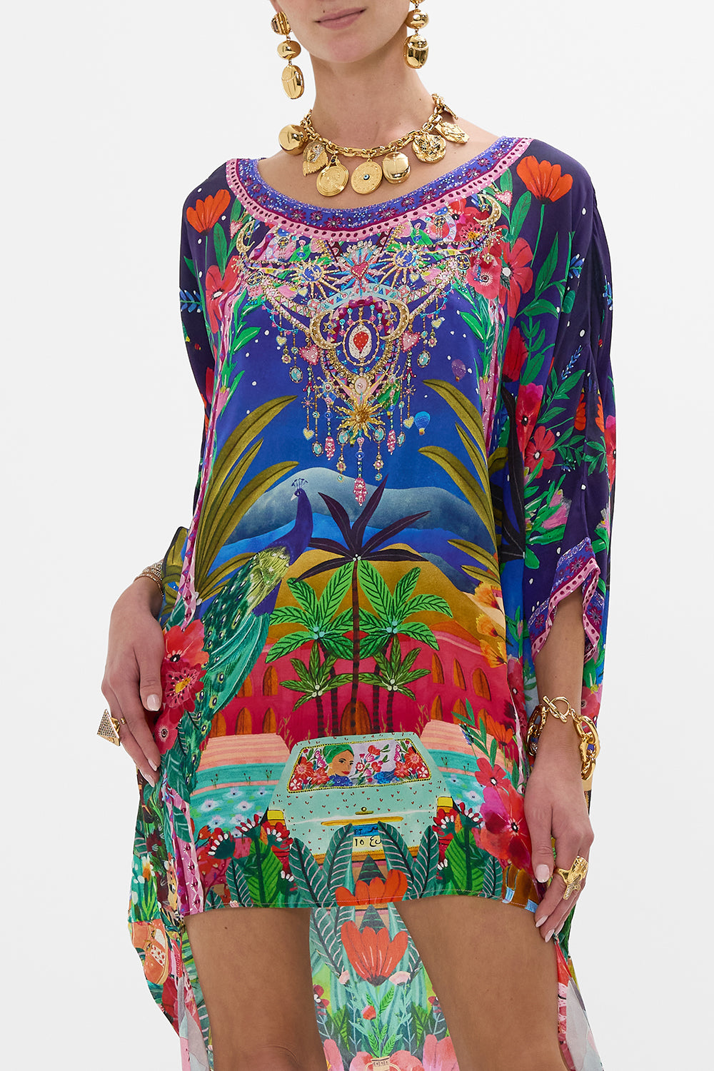 CAMILLA scoop back hem dress in Midnight Muses print
