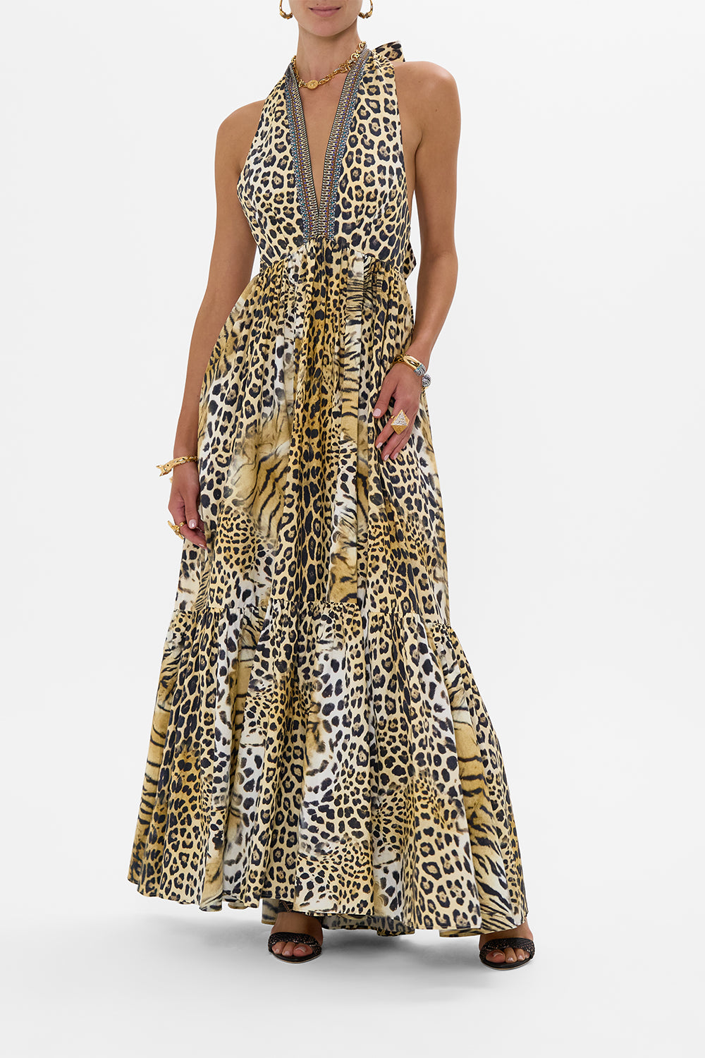 CAMILLA Ruffle Hem Halter Dress in Jaguar print