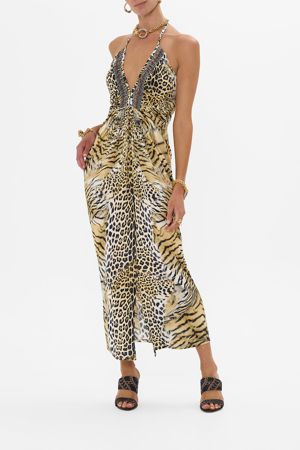 CAMILLA V Neck Gathered Jersey Dress in Jaguar print