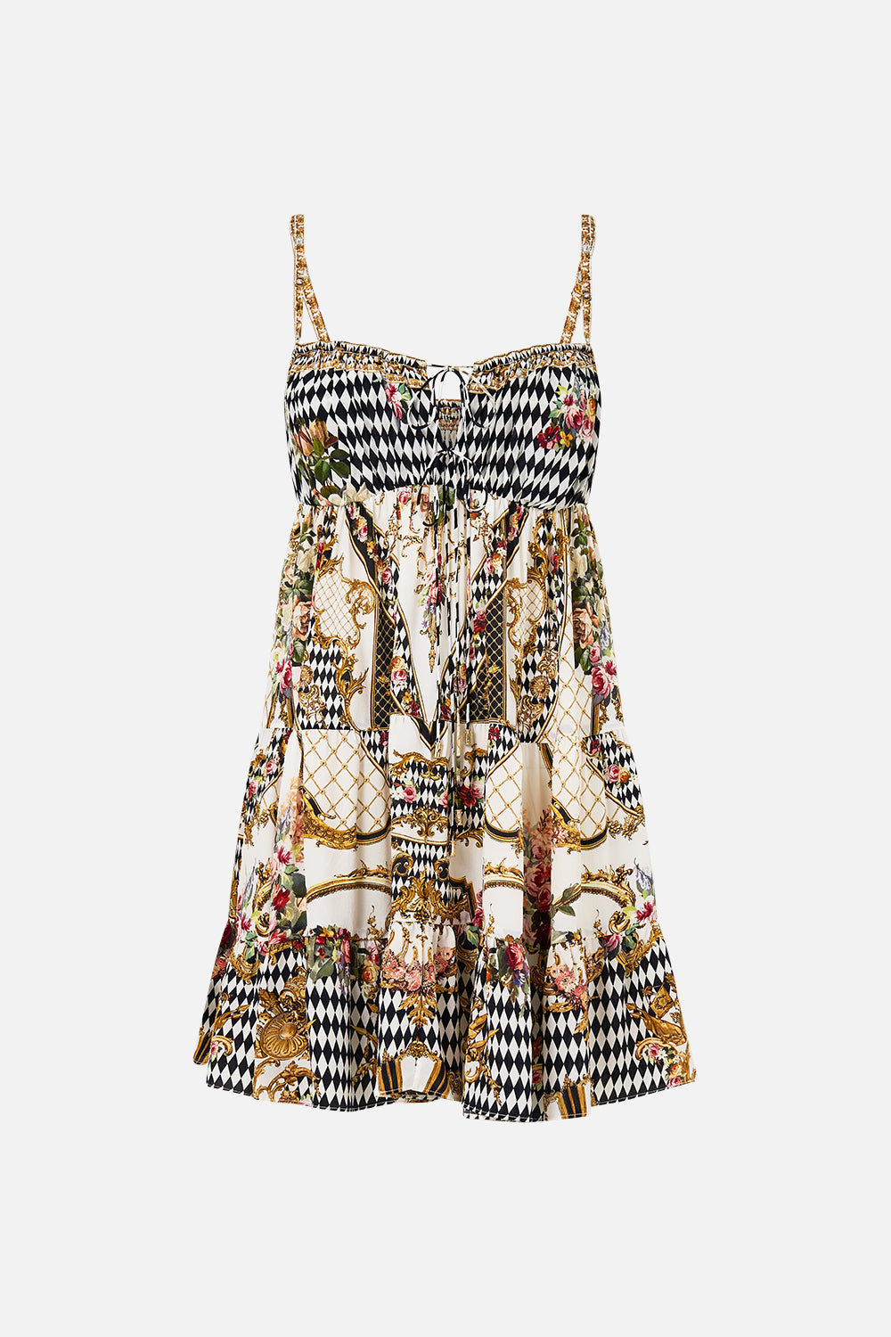 GATHERED BUST TIERED MINI DRESS ROCOCO GLOW