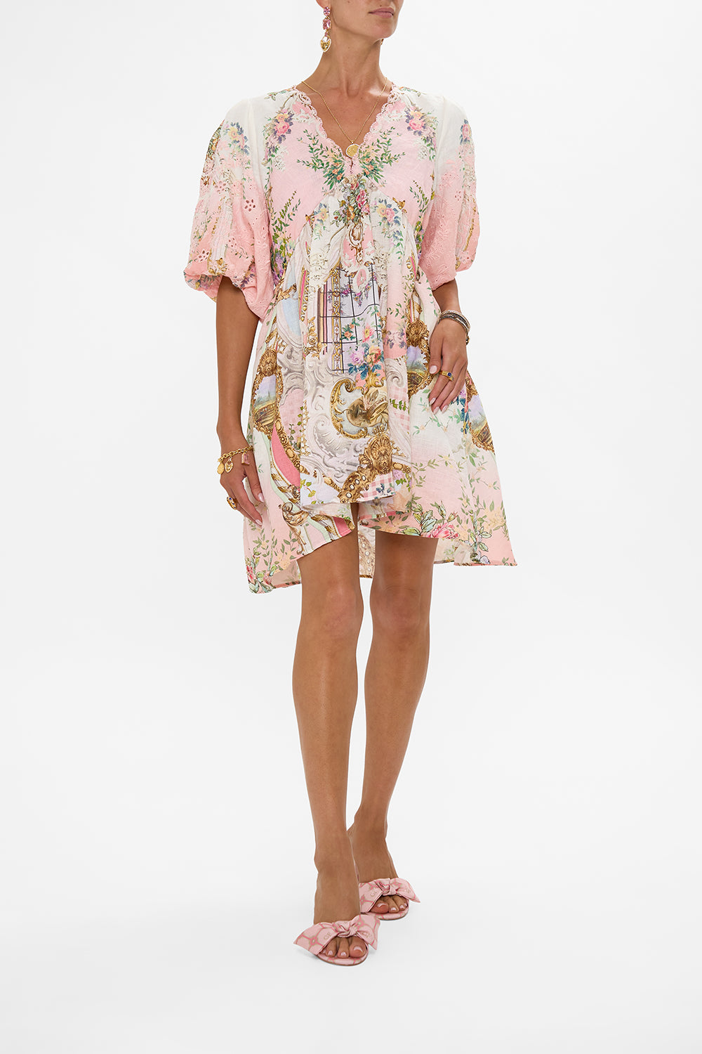 CAMILLA V Neck Puff Sleeve Short Dress in Lisbon Lullaby print