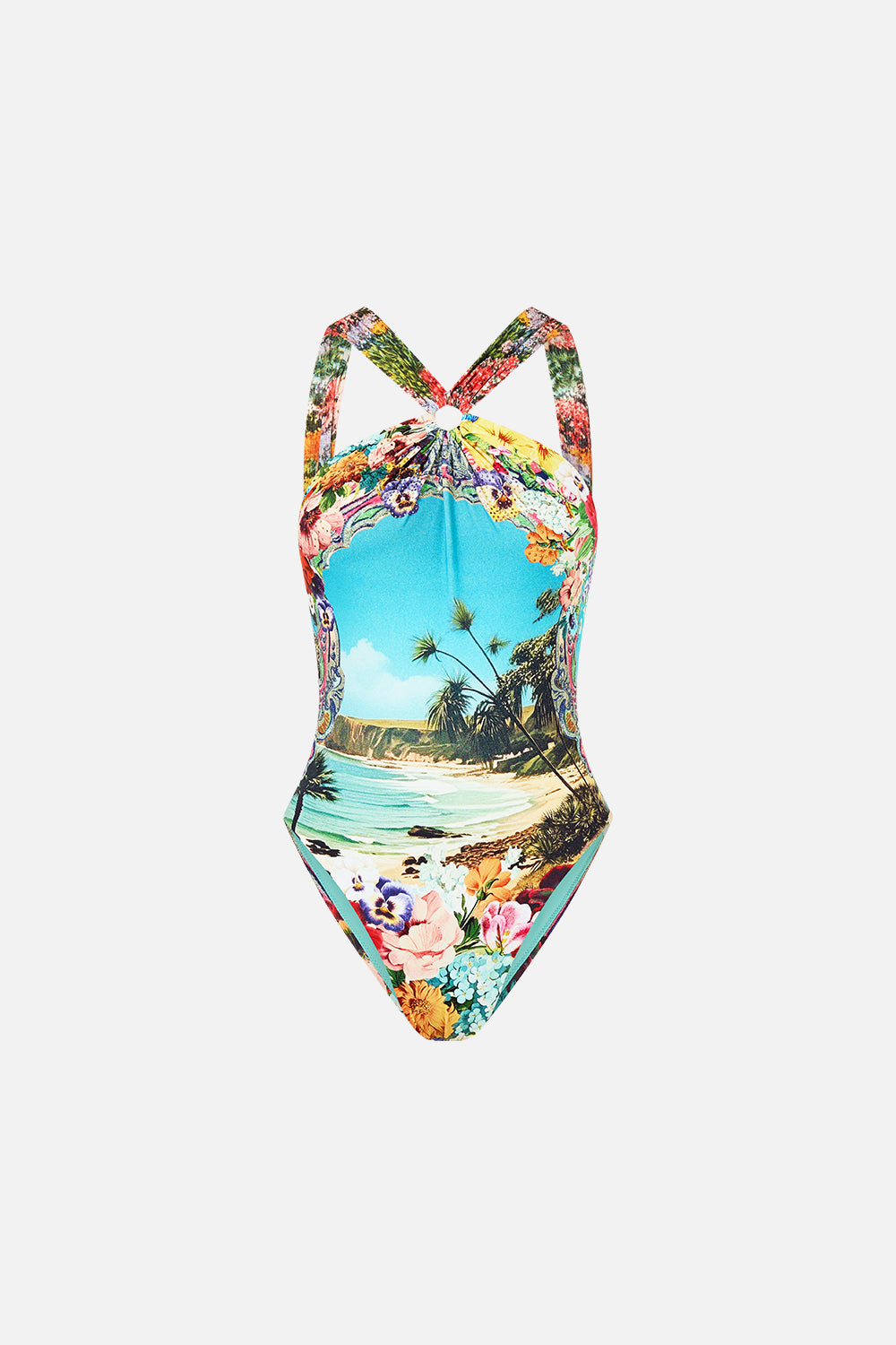 The CAMILLA Diamond Neck Thick Strap One Piece W Rings in our Bathing Bombshell print.