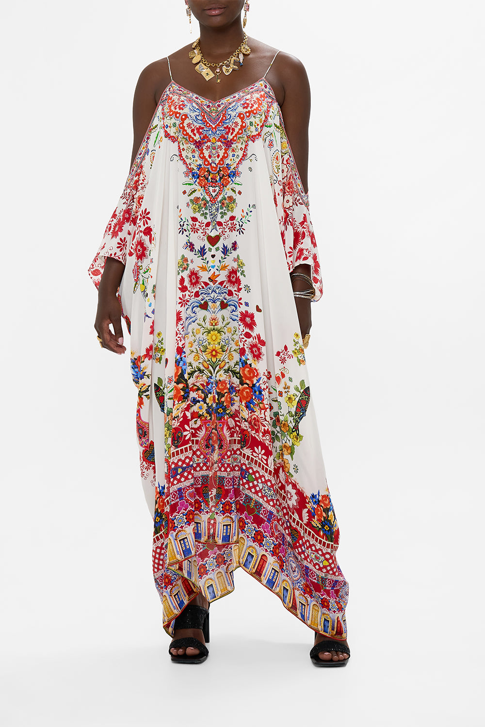 CAMILLA Shoestring Strap Kaftan in Faith, Luck & Justice print