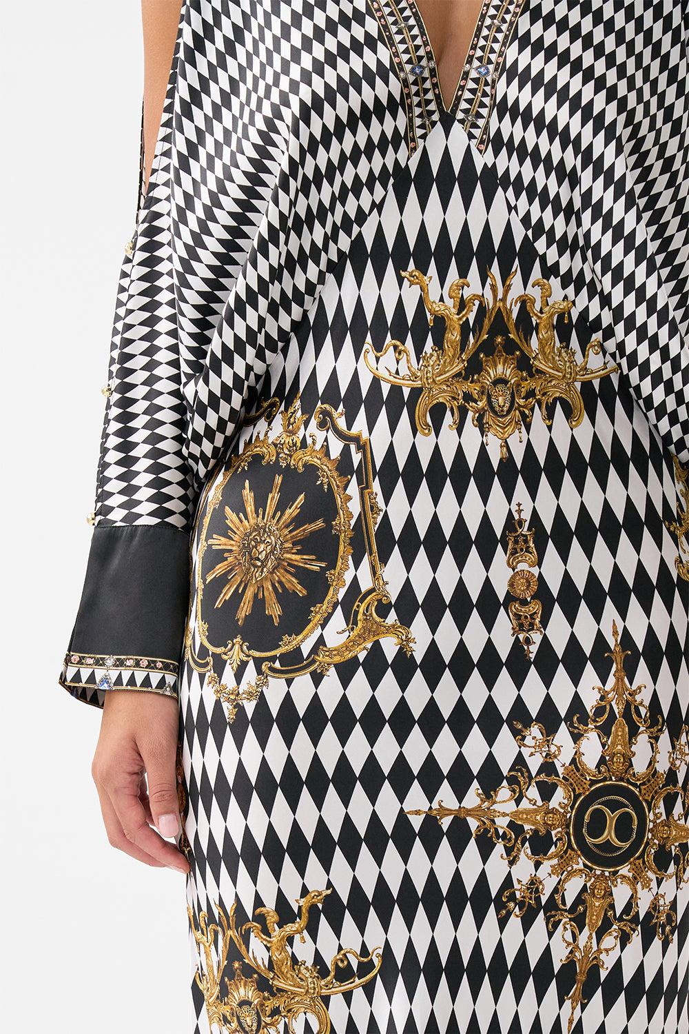 PLUNGE NECK DRAPED SHOULDER DRESS MONARCHY MANIA