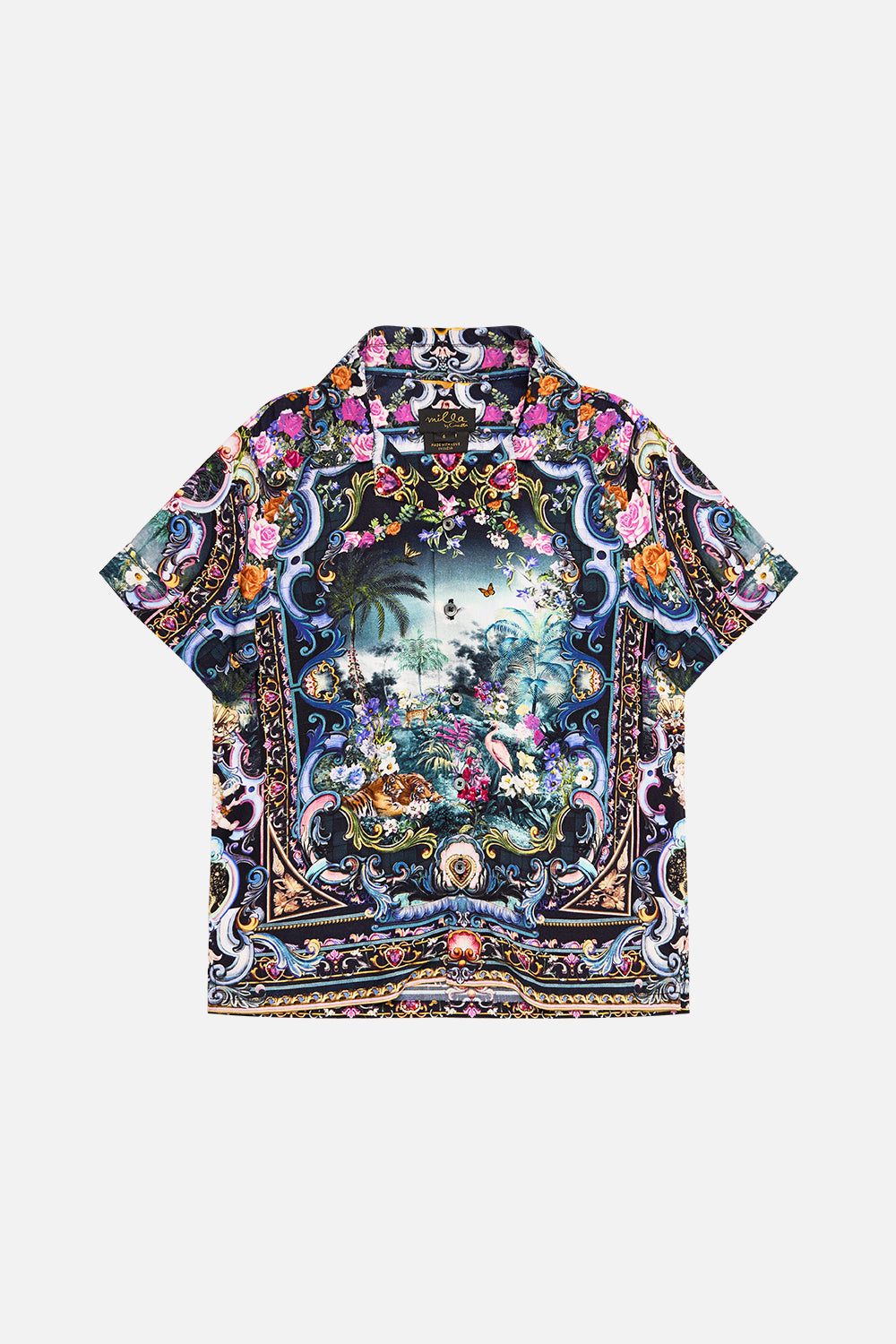 The CAMILLA Boys Short Sleeve Camp Collared Shirt 4-10 in our Basked In Baroque print.