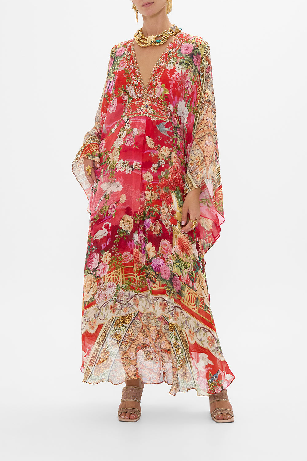 CAMILLA Long Kaftan With Waist Detail in Sweet Home Alexandria print