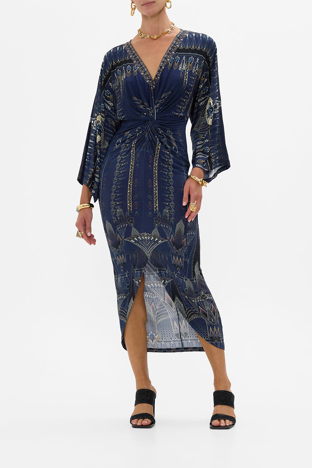 CAMILLA Long Split Front Twist Dress in The Egypt Effect print