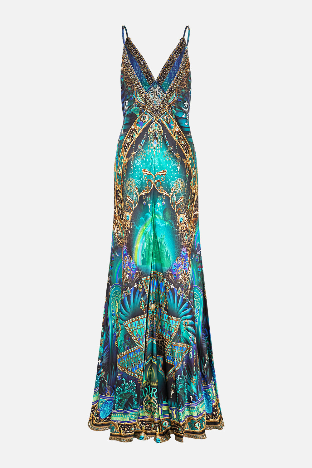 CAMILLA Green/Black V Neck Long Bias Slip Dress With Train in Defy Gravity Print.