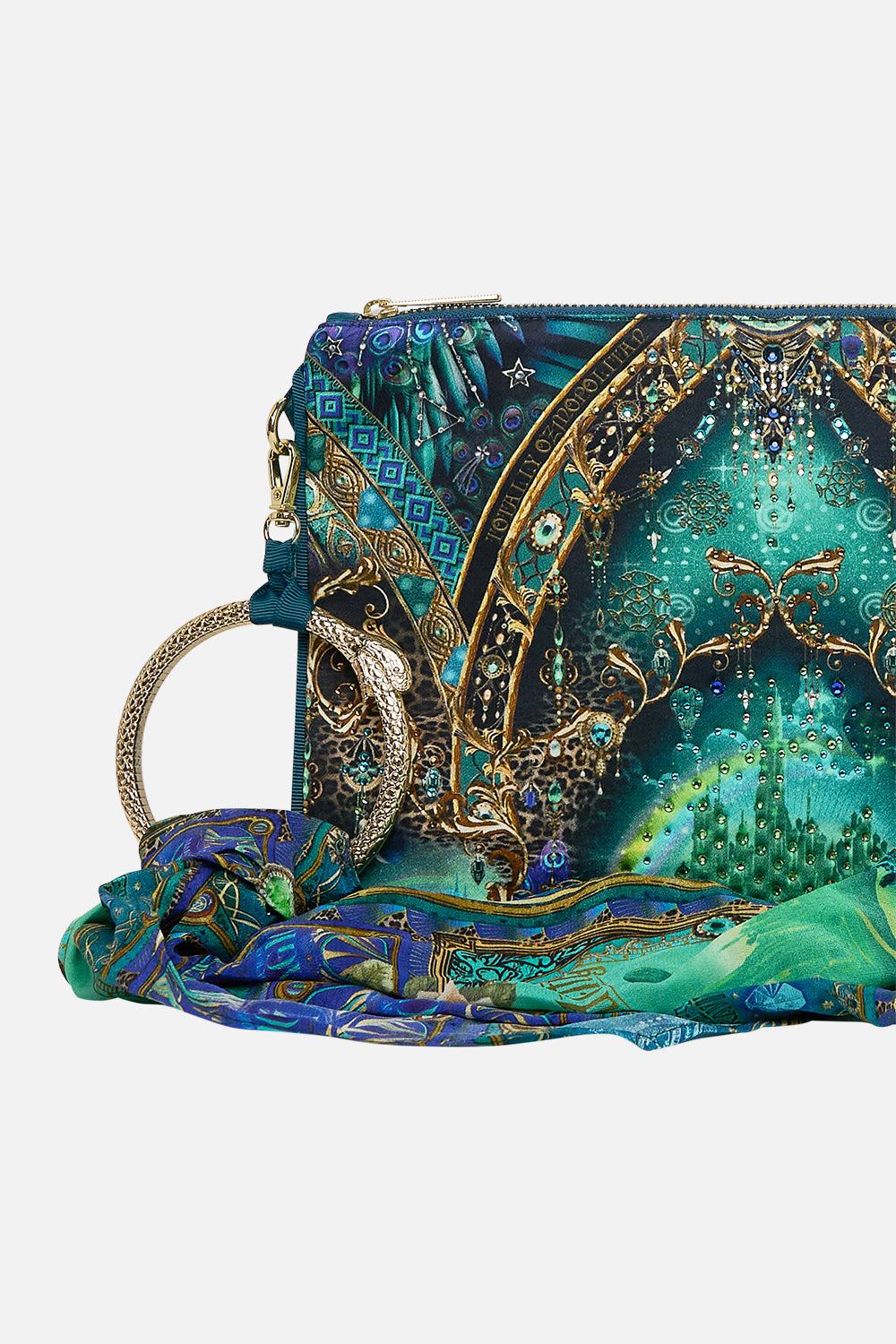 CAMILLA Green/Black Ring Scarf Clutch in Defy Gravity Print.