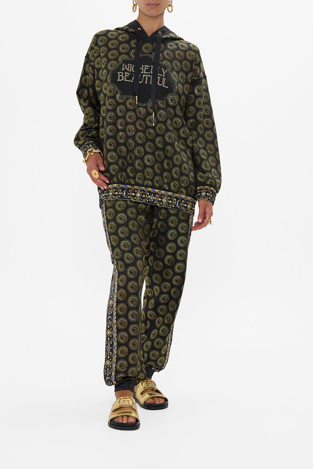 CAMILLA Green/Black Silk Band Oversized Hoodie With Pockets in Defy Gravity Print