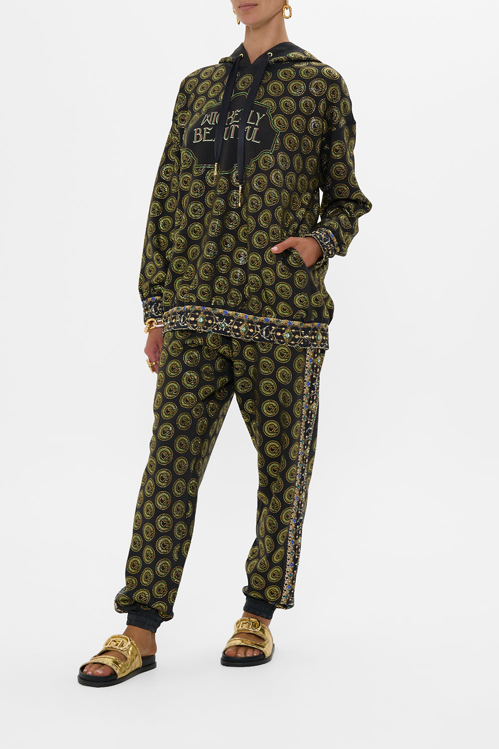 CAMILLA Green/Black Silk Band Oversized Hoodie With Pockets in Defy Gravity Print