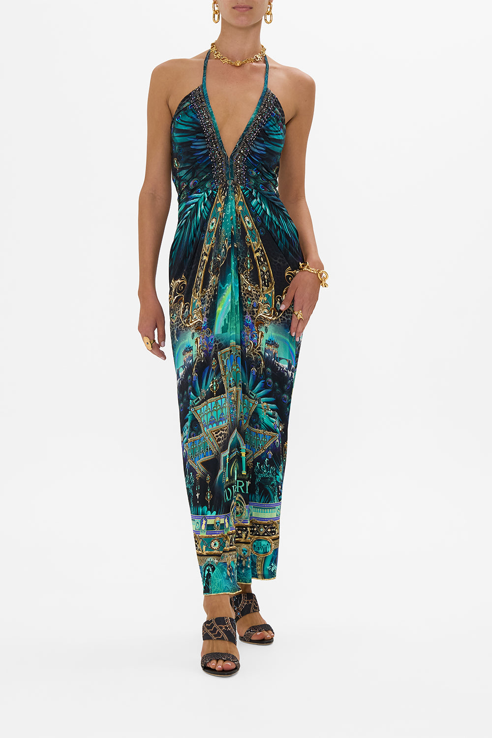 CAMILLA Green/Black V Neck Gathered Jersey Dress Defy Gravity