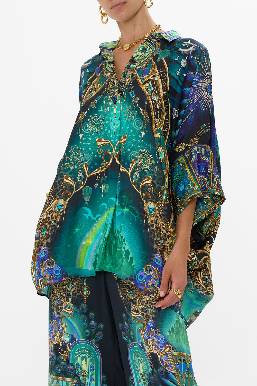 CAMILLA Green/Black Batwing Shirt in Defy Gravity Print