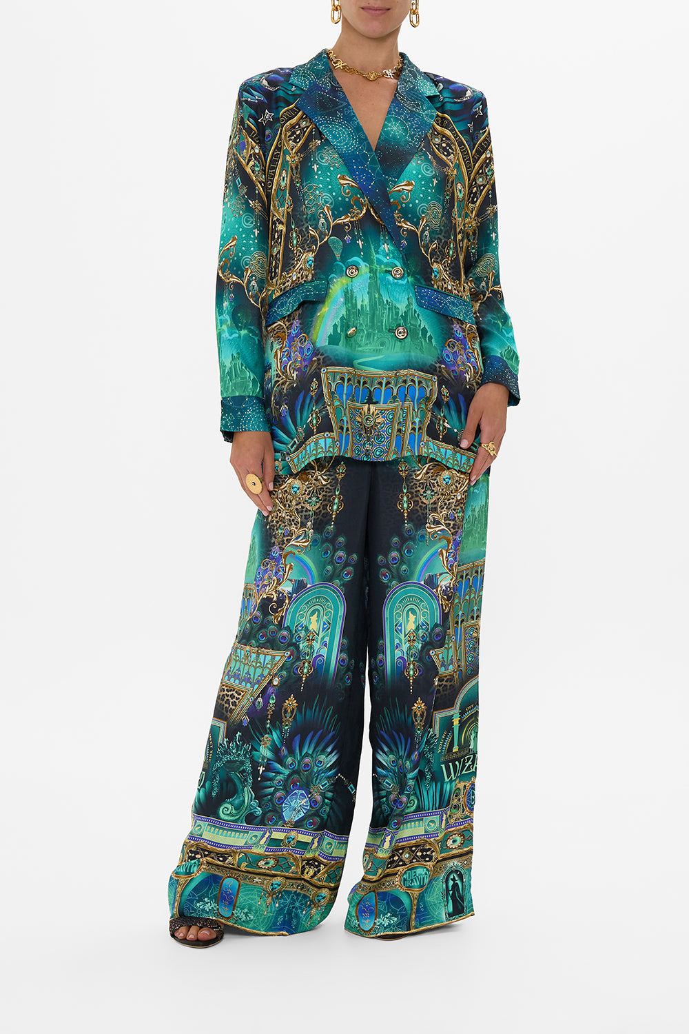 CAMILLA Green/Black Double Breasted Soft Jacket in Defy Gravity Print