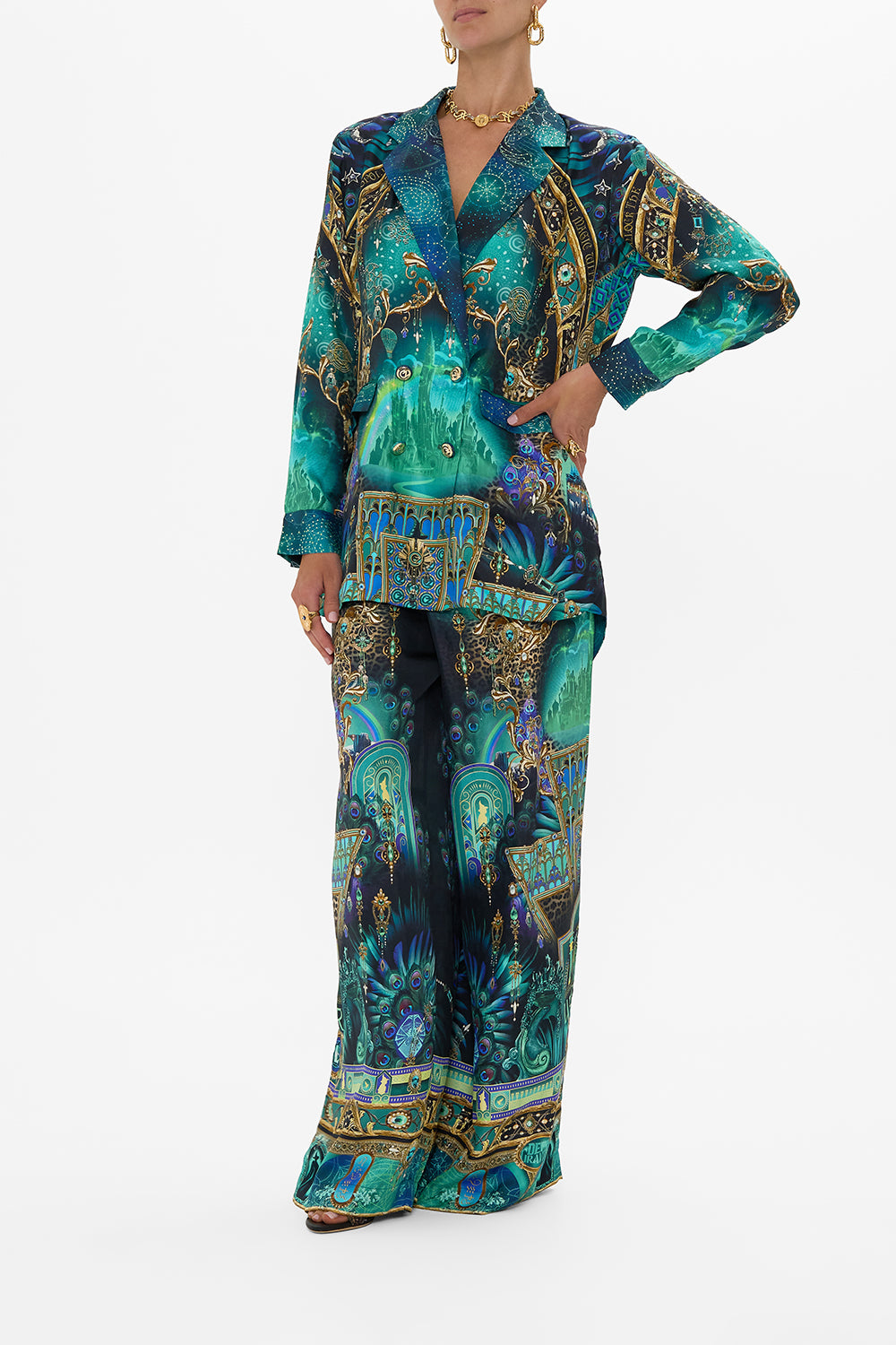 CAMILLA Green/Black Double Breasted Soft Jacket in Defy Gravity Print