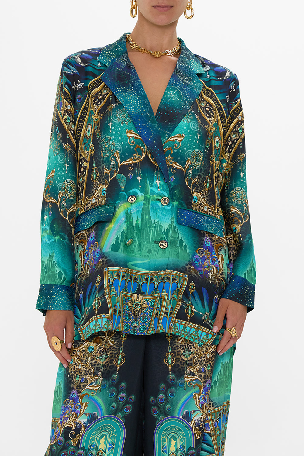 CAMILLA Green/Black Double Breasted Soft Jacket in Defy Gravity Print