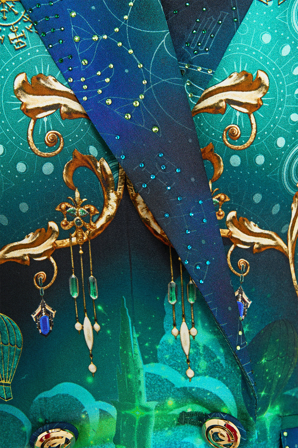 CAMILLA Green/Black Double Breasted Soft Jacket in Defy Gravity Print