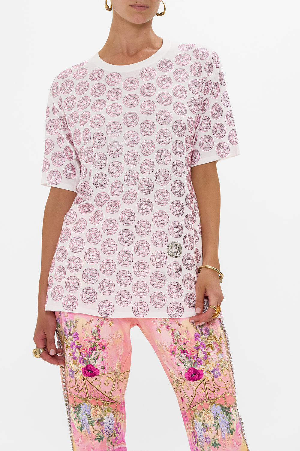 CAMILLA Oversized Band Tee - White/Pink in Totally Ozmopolitan Print