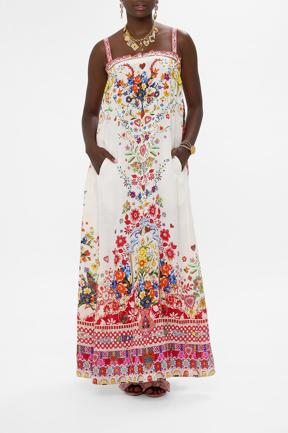 CAMILLA Wide Strap Sundress in Faith, Luck & Justice print