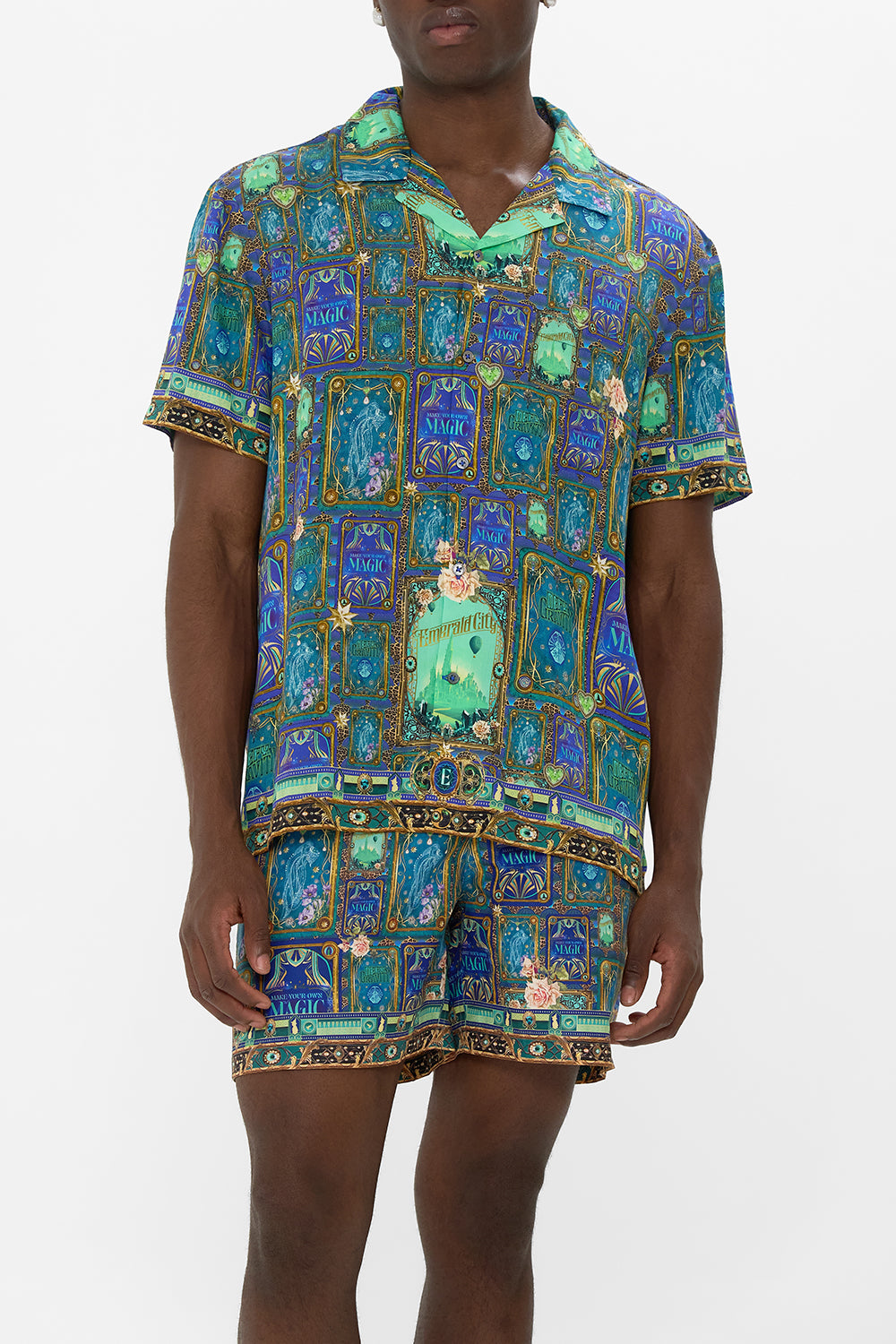 Hotell Franks By CAMILLA Green/Black Short Sleeve Camp Collared Shirt in Defy Gravity Print