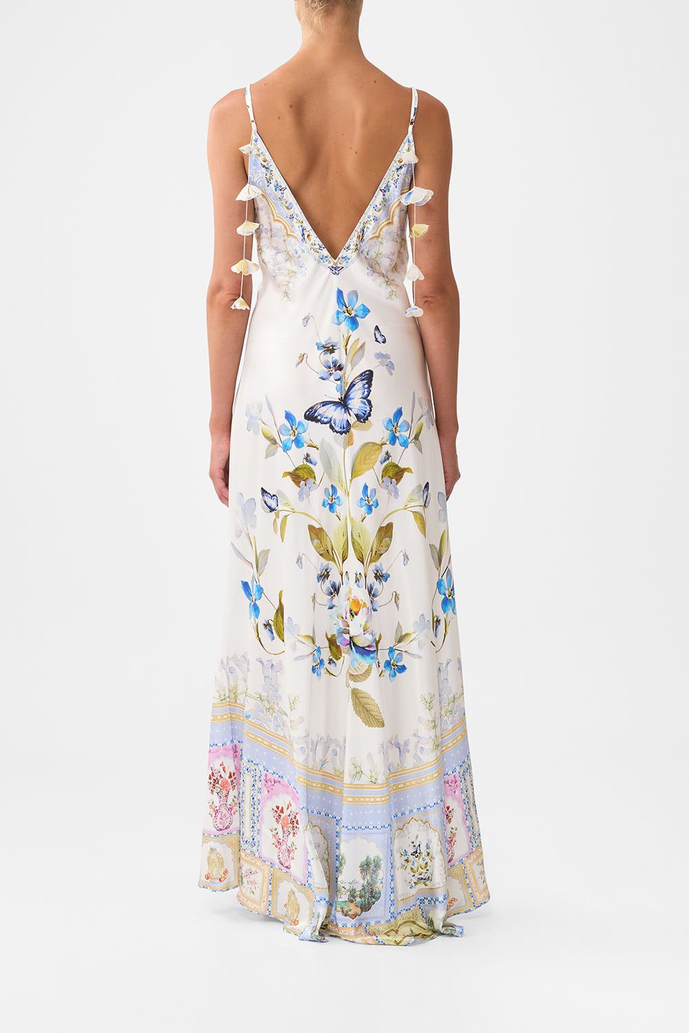 V-NECK LONG BIAS SLIP DRESS WITH TRAIN BOTANICAL BALLADS