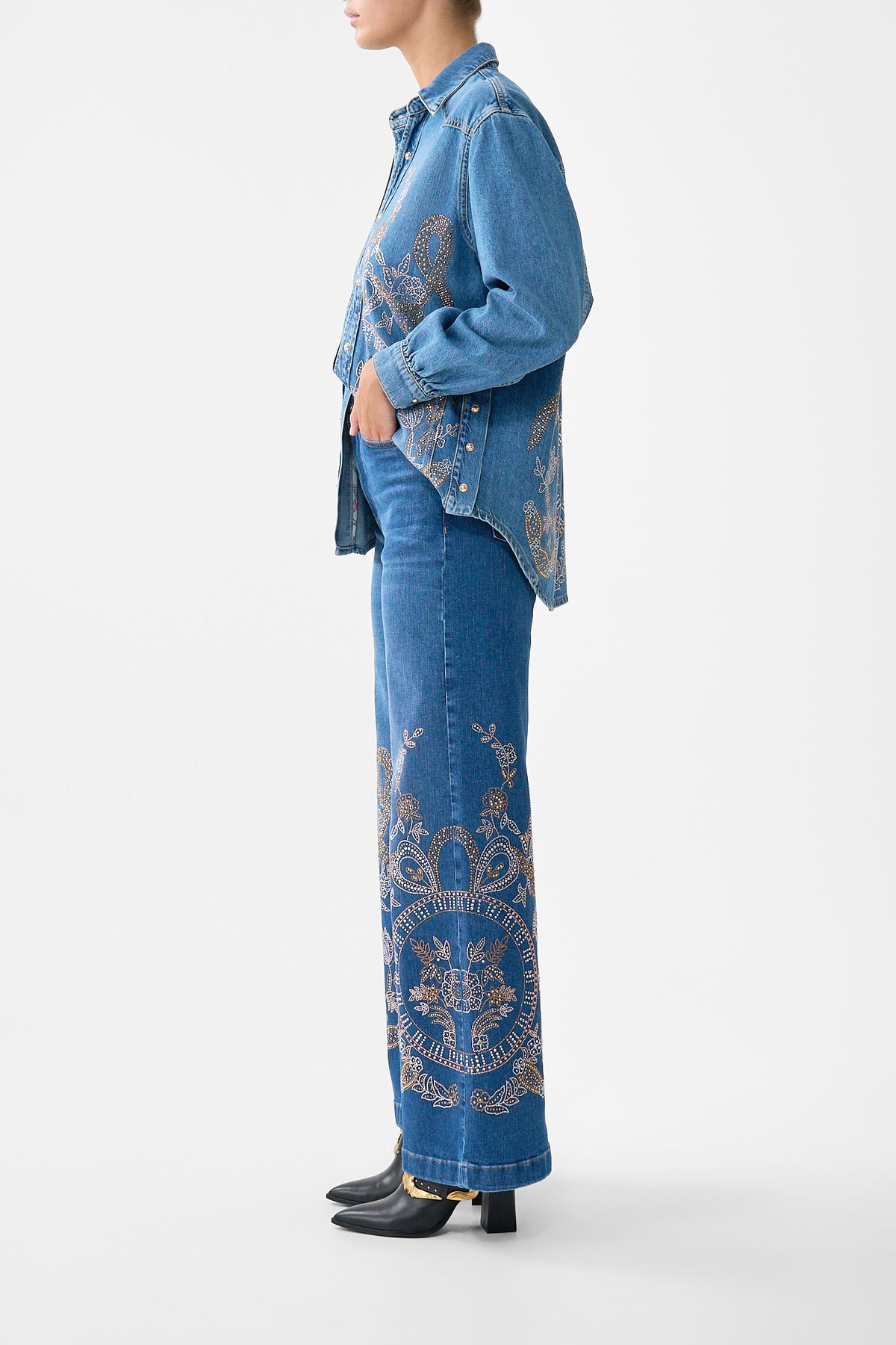 The CAMILLA Jenna Ace Of Lace High Waisted Flare in our Denim print.